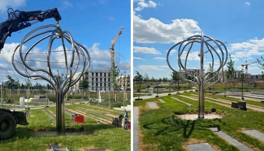 Zdjęcie podzielone na pół: z lewej instalacja artystyczna osadzana podnośnikiem w wykopie; z prawej - ta sama instalacja zamocowana na Skwerze Scharouna.