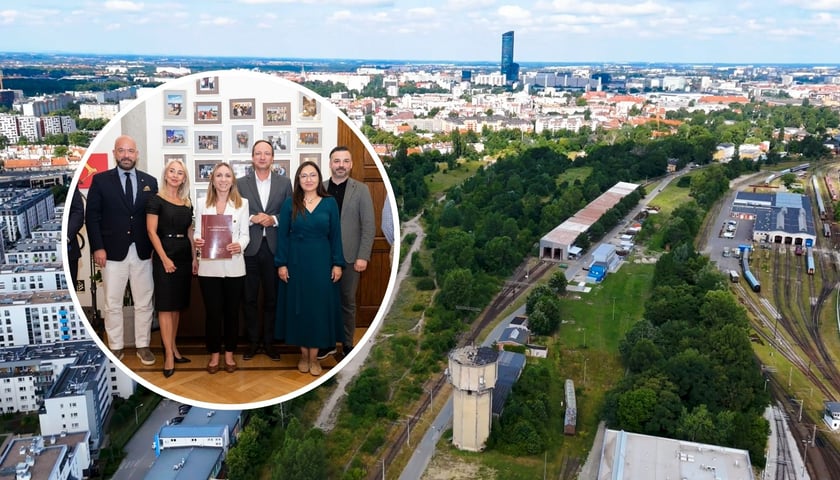 w tle: teren pod Park Henrykowski; w kółku: uroczystość podpisania aktu notarialnego w gabinecie Prezydenta Wrocławia