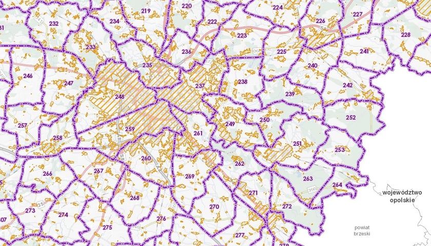Fragment mapy z przebiegiem granic obwodów łowieckich