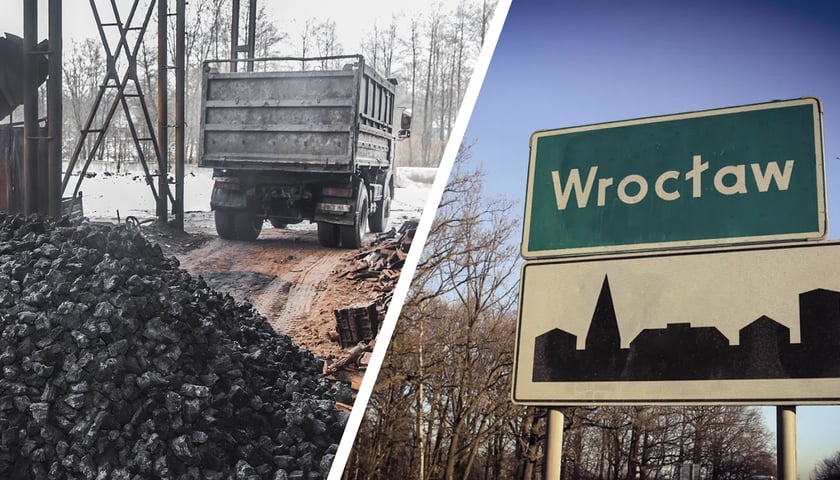 Na zdjęciu ciężarówka z węglem i tabliczka z napisem Wrocław. O ile mniej ciężarówek z węglem może przyjeżdżać do Wrocławia dzięki akcji „Zmień piec”?