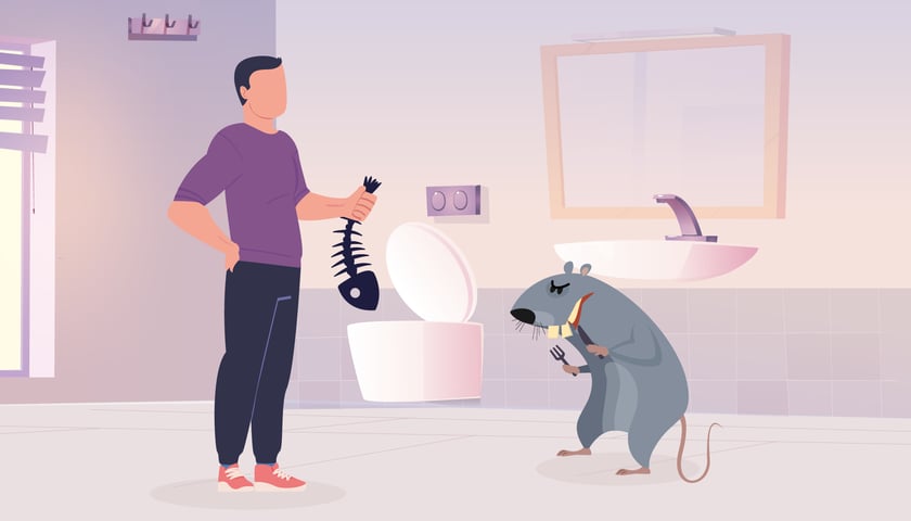 Na grafice ilustracyjnej znajduje się człowiek z ością ryby w ręku w łazience, a naprzeciw niego stoi szczur.