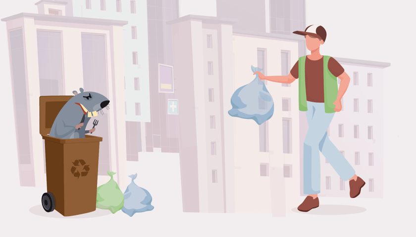 Powiększ obraz: Na grafice ilustracyjnej znajduje się człowiek idący wyrzucić śmieci do śmietnika, z którego wystaje szczur.