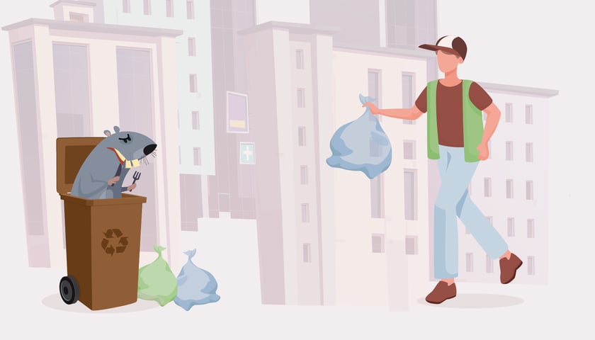 Na grafice ilustracyjnej znajduje się człowiek idący wyrzucić śmieci do śmietnika, z którego wystaje szczur.