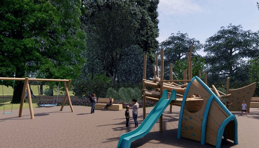 Powiększ obraz: Wizualizacja odnowionego placu zabaw w parku Biskupińskim