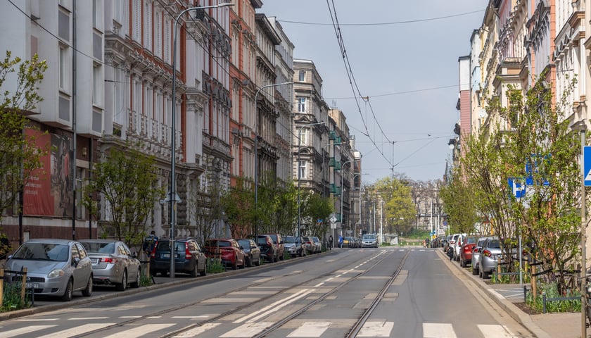 <p>Ulica Chrobrego we Wrocławiu z nasadzeniami zieleni wysokiej.</p>