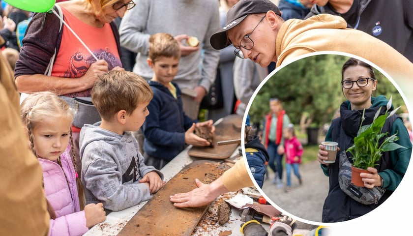 Piknik Sobota z Zielonym Wrocławiem - na zdjęciu dzieci podczas warsztatów i mieszkanka, która odebrała skrzydłokwiat w zamian za odpady