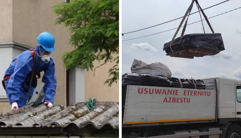 Na zdjęciu mężczyzna usuwający azbest i ciężarówka wywożąca wyroby azbestowe