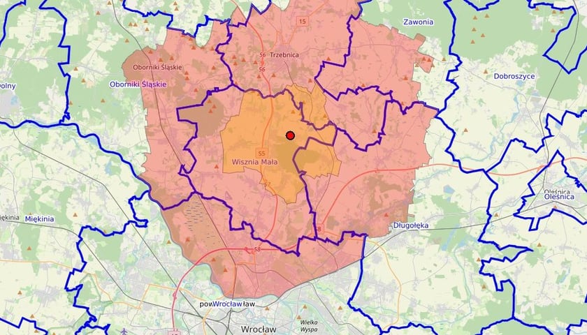 Powiększ obraz: Mapa obszaru zapowietrzonego i obszaru zagrożonego zjadliwą ptasią grypą.