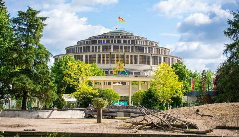 <p>wejście gł&oacute;wne do ZOO Wrocław, w tle Hala Stulecia</p>