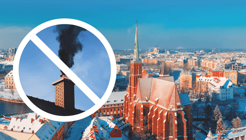Panorama zimowego Wrocławia - w kółeczku przekreślony dymiący komin. Z roku na rok jakość powietrza we Wrocławiu się poprawia