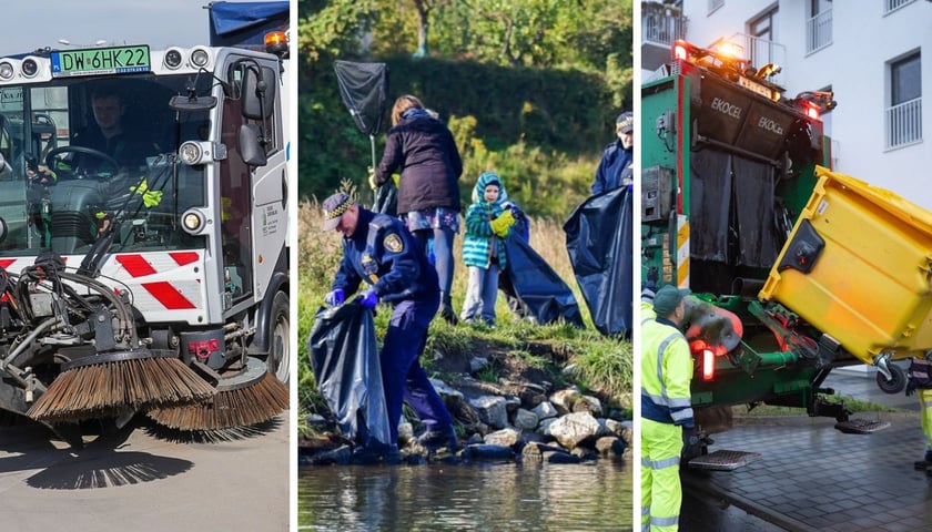 Zamiatarki ulic, akcja sprzątania świata i śmieciarka odbierająca odpady - zdjęcia ilustracyjne