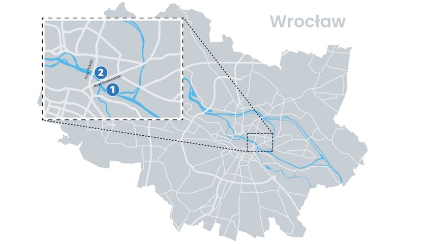 Mapa z zaznaczonymi lokalizacjami bojek pomiarowych