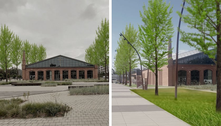 Zazieleniony plac przed Centrum Historii Zajezdnia, wizualizacje
