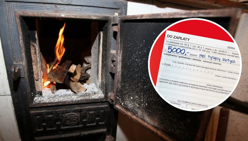 W tle: palenie w kopciuchu, w kółeczku: mandat na kwotę 5000 złotych / zdjęcia ilustracyjne