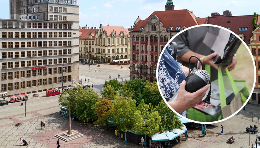 W tle: plac Solny we Wrocławiu; w kółku: skrzydłokwiat