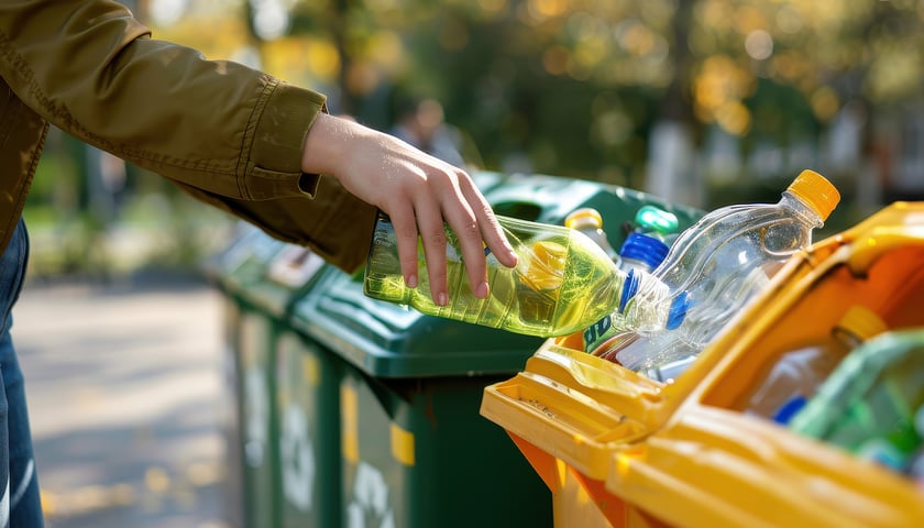 Na zdjęciu dłoń osoby wyrzucającej plastikową butelkę do pojemnika na odpady