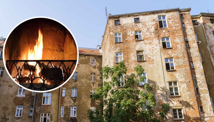 W tle: kamienica, w kółku: kominek / zdjęcie ilustracyjne