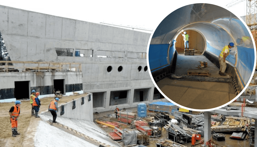Afrykarium w czasie budowy. W kółeczku - słynny tunel w czasie budowy, widać robotników przy pracy