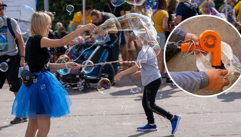 W tle: piknik Ekosystemu, wrzesień 2024 (zdjęcie ilustracyjne), w kółku: elektroodpad - suszarka do włosów