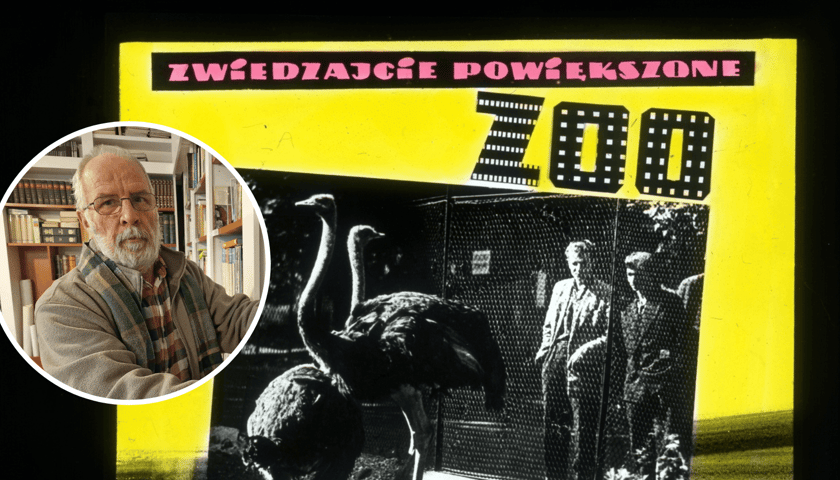 Kolaż dwóch zdjęć: w kółku dr Leszek Solski,  st. specjalista do spraw naukowych z wrocławskiego zoo, współautor książki 150 lat ZOO Wrocław, w tle dawna reklama ogrodu, autor nieznany