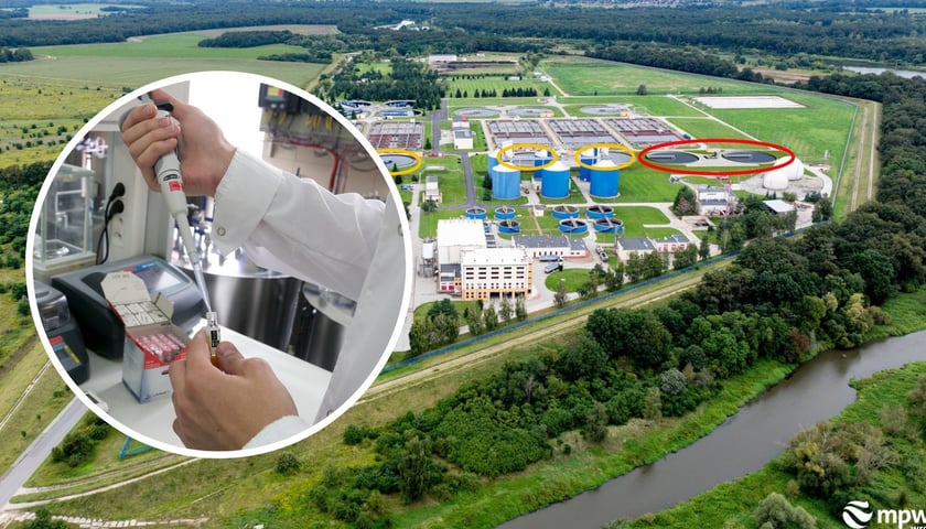 Wizualizacja przedstawia I etap rozbudowy oczyszczalni ścieków, w kółeczku probówka (zdjęcie ilustruje nowatorską technologię MPWiK Wrocław na oczyszczanie ścieków)