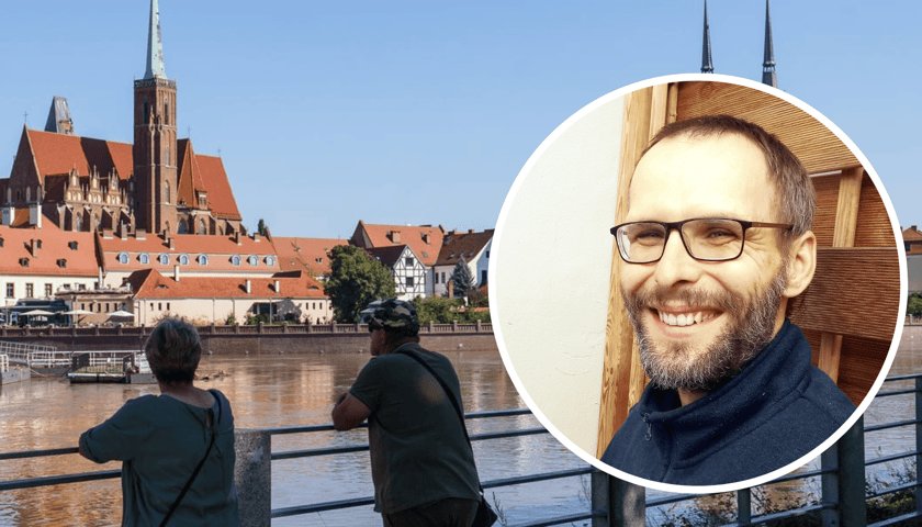 Kolaż dwóch zdjęć. W kółku portret Pawła Wolniewicza, geologa, który stworzył interaktywną mapę Wrocławia, w tle Odra.
