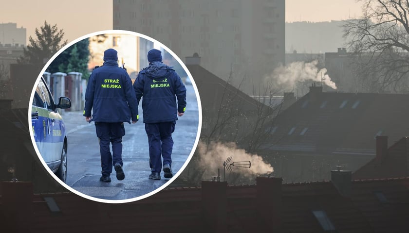 Duże zdjęcie przedstawia panoramę Wrocławia z dymiącymi kominami. Na małym zdjęciu w kółku ekopatrol Straży Miejskiej Wrocławia 