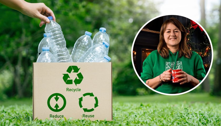 W tle: karton z butelkami do recyklingu, w kółku: Sylwia Majcher, edukatorka ekologiczna