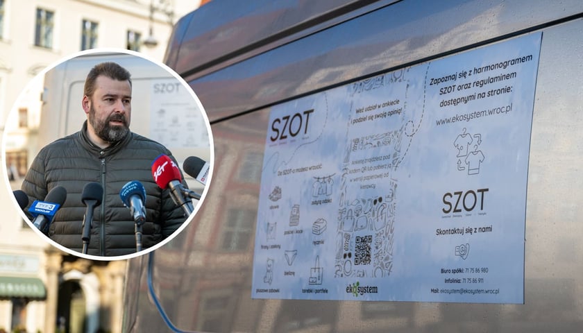W tle: samochód SZOT, w kółku: Paweł Karpiński, prezes Ekosystemu