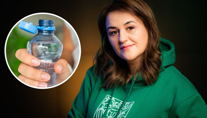 W tle: Sylwia Majcher - edukatorka ekologiczna, w kółku: woda w plastikowej butelce