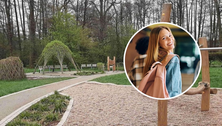 W tle: plac zabaw w parku Wschodnim we Wrocławiu, w kółku: uczennica z plecakiem (zdjęcie ilustracyjne)