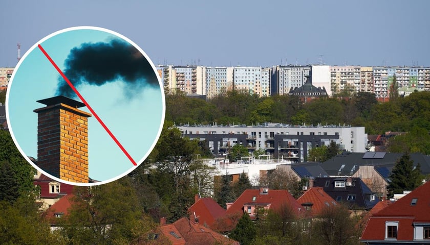 W tle: panorama Wrocławia z perspektywy Krzyków, w kółku: dym z komina przekreślony czerwoną kreską / zdjęcia ilustracyjne
