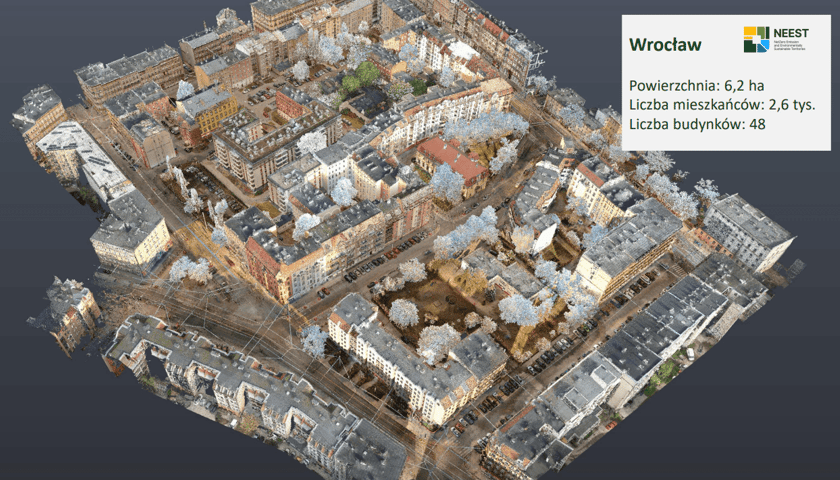 Widok chmury punktów – wynik skanowania 3D kwartału zabudowy