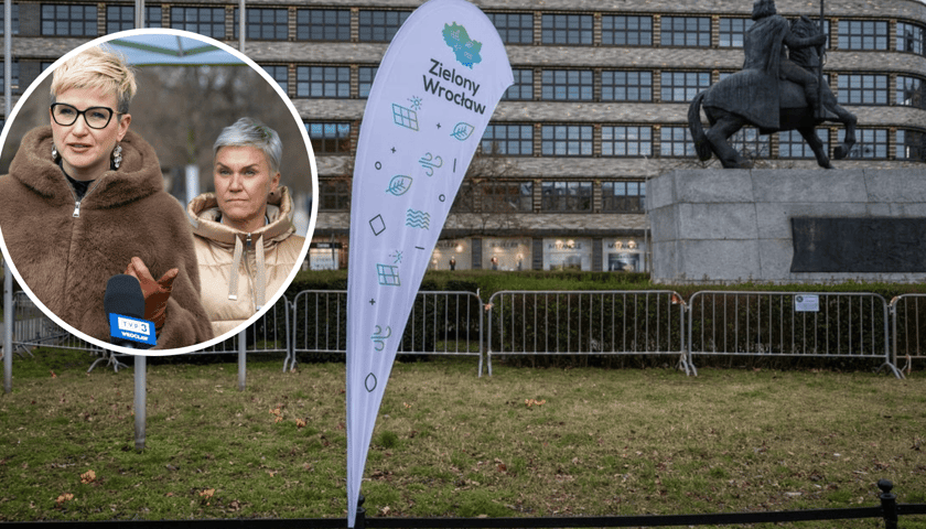 W tle: pomnik Bolesława Chrobrego, w kółku: Katarzyna Szymczak-Pomianowska - dyrektor Departamentu Strategii i Zrównoważonego Rozwoju oraz Dorota Olearnik - dyrektor Wydziału Zarządzania Funduszami