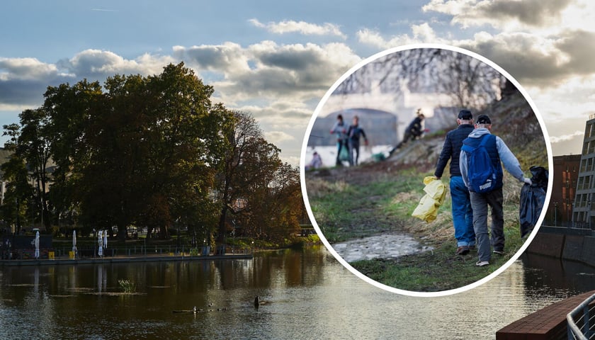 W tle Odra we Wrocławiu, w kółku wrocławianie sprzątający nabrzeże rzeki. Zdjęcia ilustracyjne