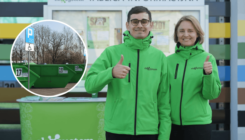 Pracownicy Ekosystemu w nowym PSZOK-u przy ul. Szwajcarskiej. Z lewej w kółku kontenery na odpady