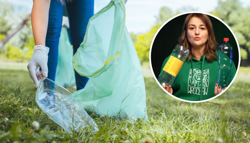 W tle: kobieta zbierająca śmieci w parku, w kółku: Sylwia Majcher, edukatorka ekologiczna