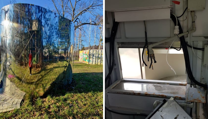 Z lewej - toaleta w parku Strachocińskim przed zniszczeniem. Z prawej - zdewastowane wnętrze toalety