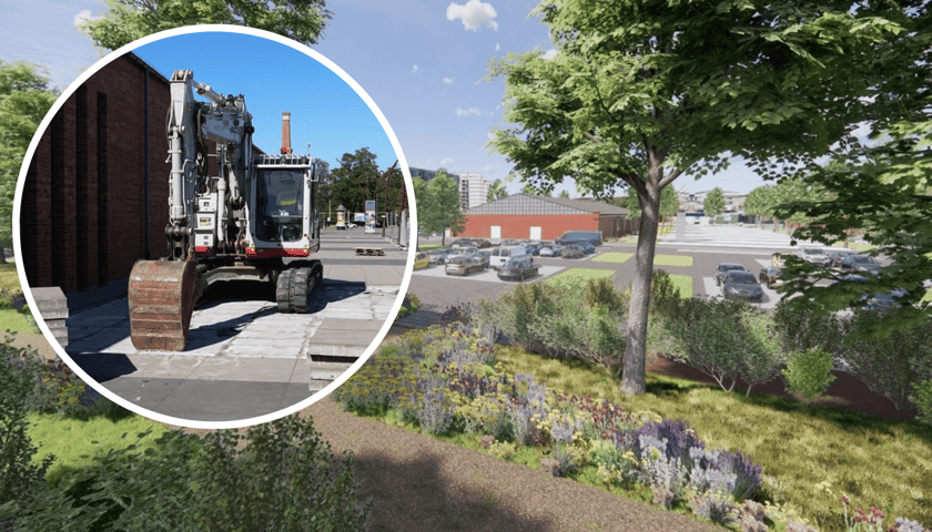 Skwer z trawnikami, drzewami i roślinami - wizualizacja, w kółku z lewej koparka