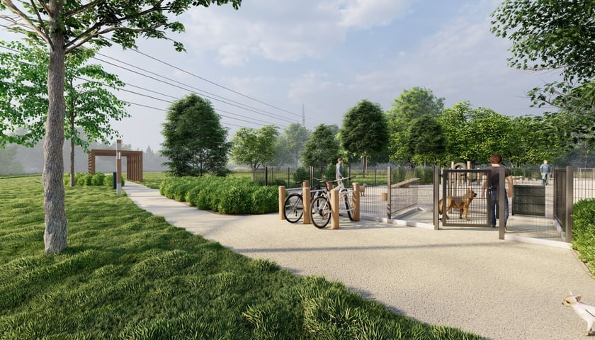 Wizualizacja przedstawia wybieg dla psów w Ekoparku Stabłowice