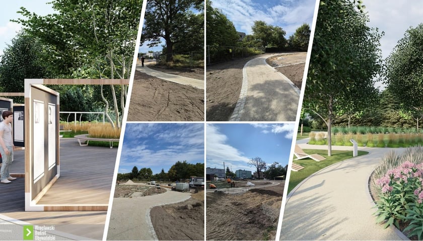 Kolaż ze zdjęć z wytyczania alejek i wizualizacji Parku Literackiego na Złotnikach