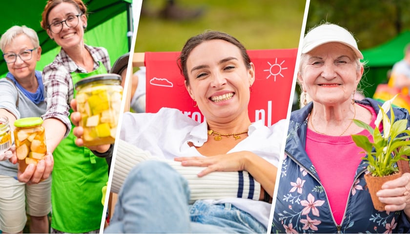 Wrocławianie na pikniku Sobota z Zielonym Wrocławiem w parku Staszica (6 września 2025 r.): pokazują słoiki z kiszonkami, skrzydłokwiat, uśmiechają się z leżaków