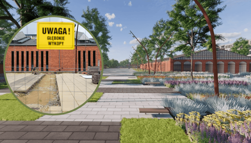 Wizualizacja placu przed Centrum Historii Zajezdnia, w kółku pierwsze zdjęcia z początku remontu