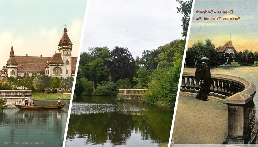 Kolaż trzech zdjęć: widok na nieistniejącą restaurację Hassego | współczesny widok na taras nad stawem | mężczyzna na tarasie na ilustracji przedwojennej