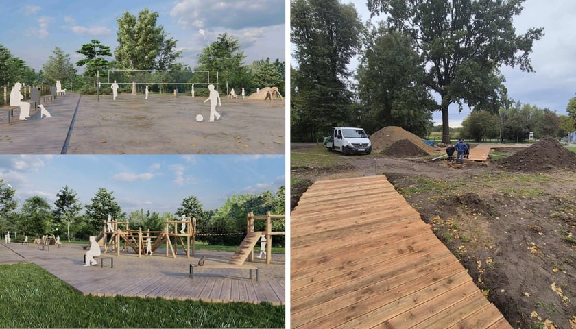 Ilustracja podzielona na pół: po prawej wizualizacje placu zabaw, po lewej budowa placu zabaw nad Jeziorem Pawłowickim.