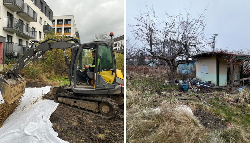Zdjęcie podzielone na pół: po lewej stronie koparka przy pracach na terenach dawnych działek przy ul. Kajdasza; po prawej - stare altanki przy ul. Kajdasza.