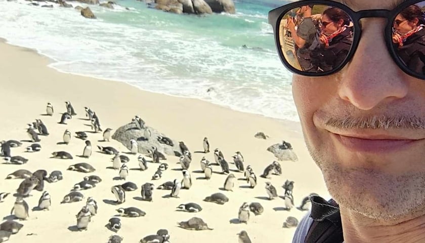 Paweł Borecki podczas pobytu w Afryce, w tle żyjąca w naturze kolonia pingwinów przylądkowych