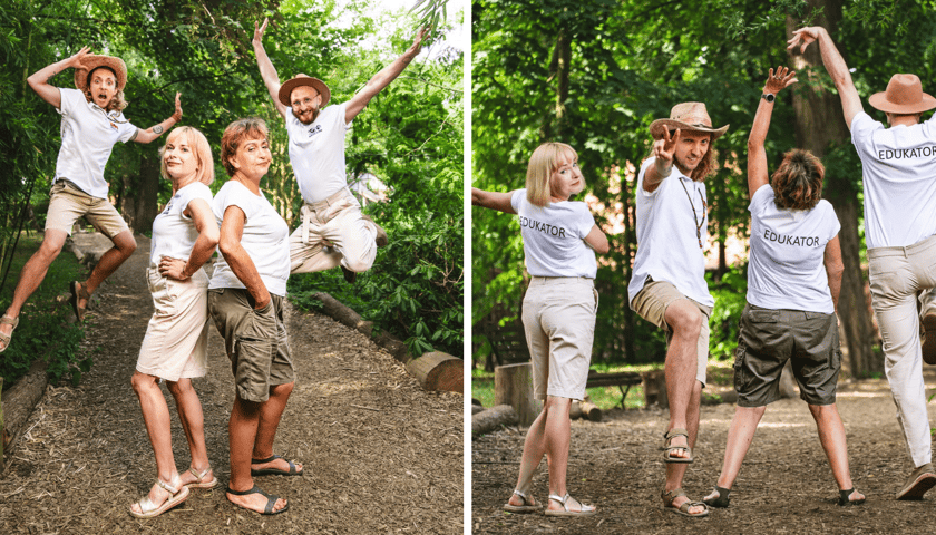 Kolaż 2 zdjęć przedstawiających edukatorów z wrocławskiego zoo. Na pierwszym zdjęciu od lewej: Konrad Chodak, Monika Bielec, Bożena Pałczyńska i Piotr Pater.
