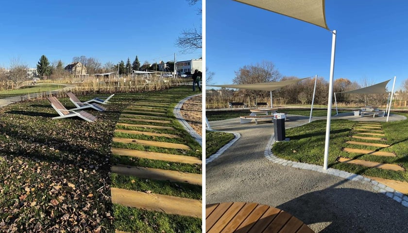 Zdjęcie dzielone na pół: po lewej - leżaki na terenie Parku Literackiego; po prawej stoły piknikowe i alejki w Parku Literackim na Złotnikach.