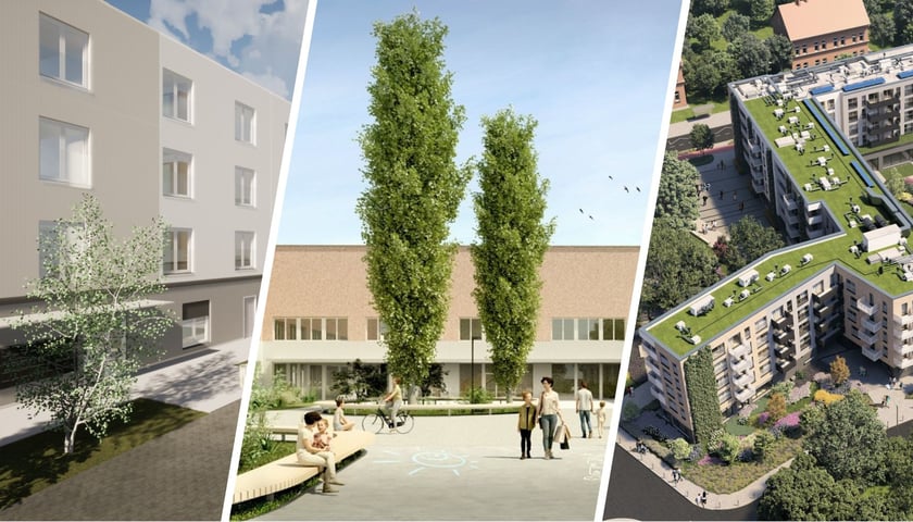 Wizualizacje powstających obiektów, które z wyprzedzeniem spełniły Wrocławski Standard Zielonego Budynku: osiedle TBS przy Stabłowickiej, szkoła przy Zwycięskiej i TBS przy Mościckiego 
